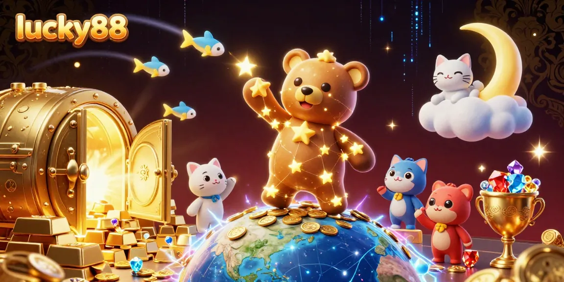 Experience luck with lucky88, featuring a glowing treasure vault and a starry bear collecting coins.