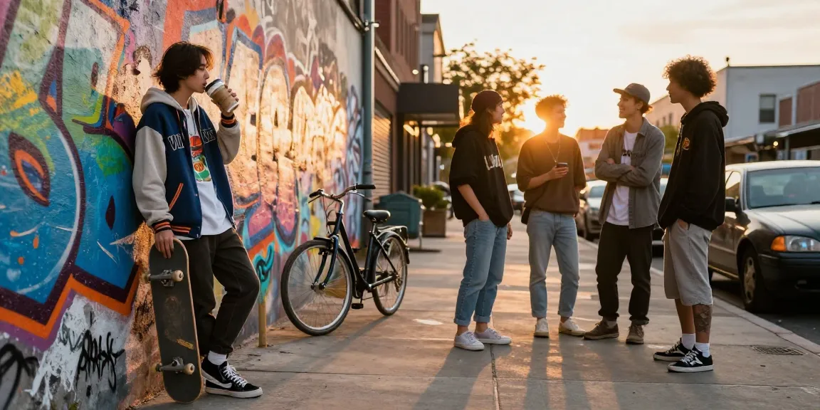 A stylish young person in a vlone hoodie poses in an urban setting, showcasing vibrant streetwear style and creative self-expression.