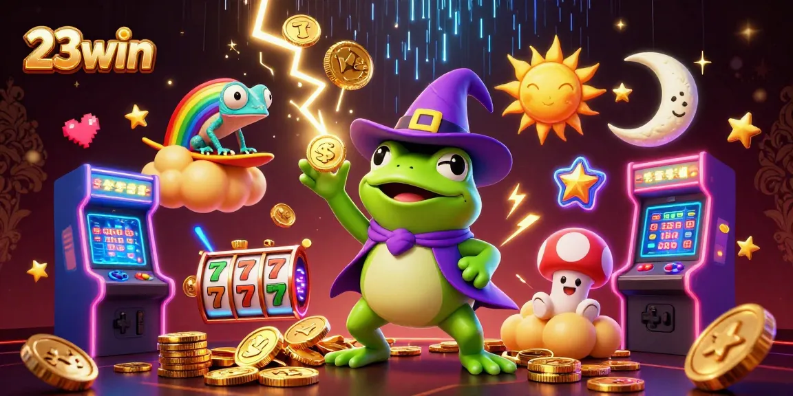 Experience the magic of 23win as a wizard frog conjures gold coins amid a vibrant casino scene.