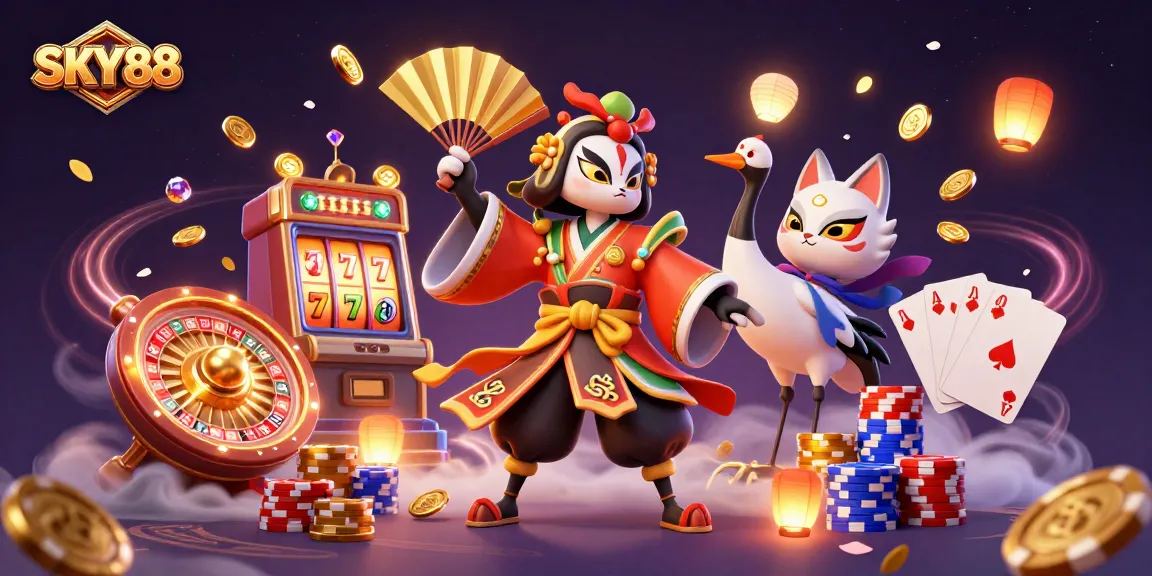 Unleash excitement with SKY88 as kabuki warriors dance among golden coins and slot machines.