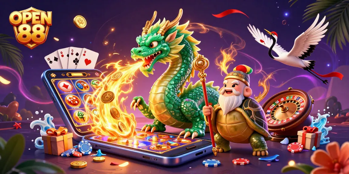 Immerse in the magical world of OPEN 88 with a vibrant gambling illustration featuring a jade dragon.