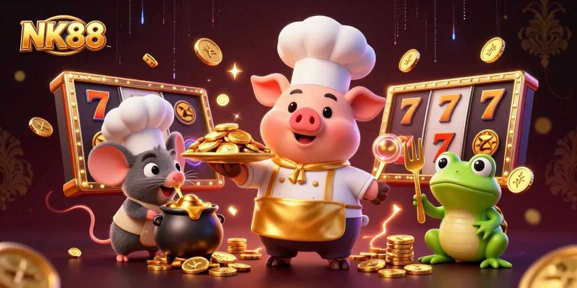 Experience the thrill of winning at NK88's slots with gold coins and vibrant characters.
