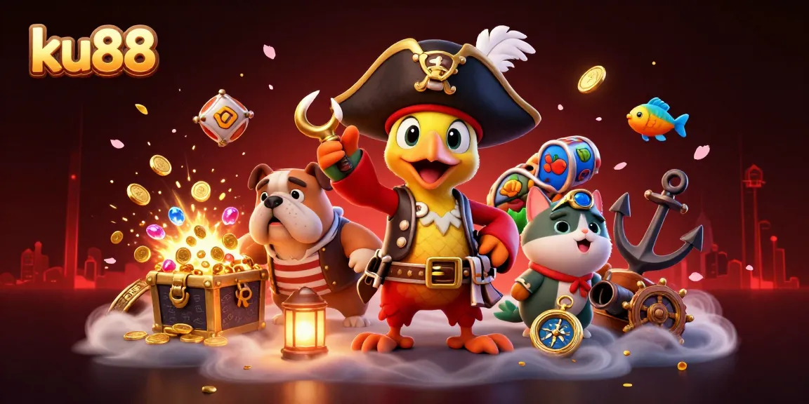 Experience the excitement of ku88 with playful characters amidst vibrant casino elements.