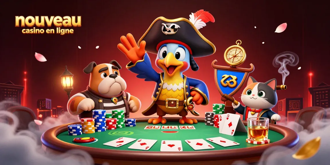 Illustration 3D de pirate pour un nouveau casino en ligne, avec des cartes de poker et des jetons colorés.