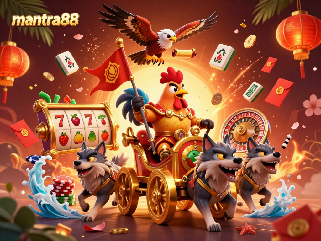 Experience mantra88 excitement with a rooster warlord in an intricate casino scene featuring dynamic game elements.