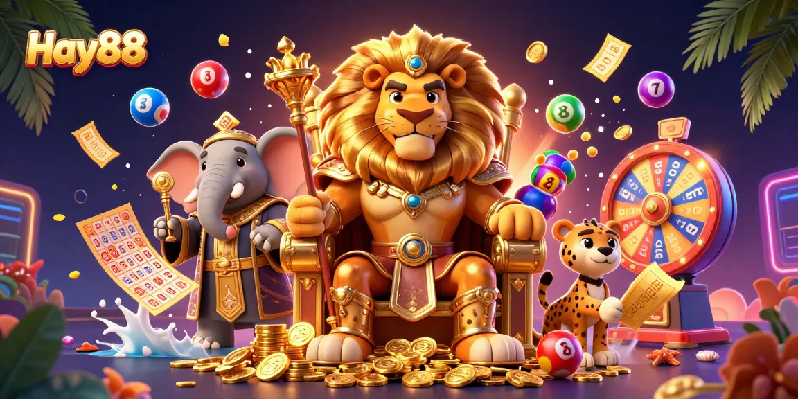 Experience exciting gaming with Hay88: a vivid scene of lottery balls, bingo cards, and charming characters.