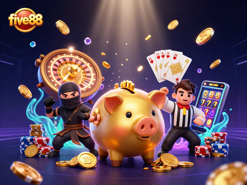 Experience the thrilling gameplay at five88 with golden coins cascading from a giant sumo piggy bank.