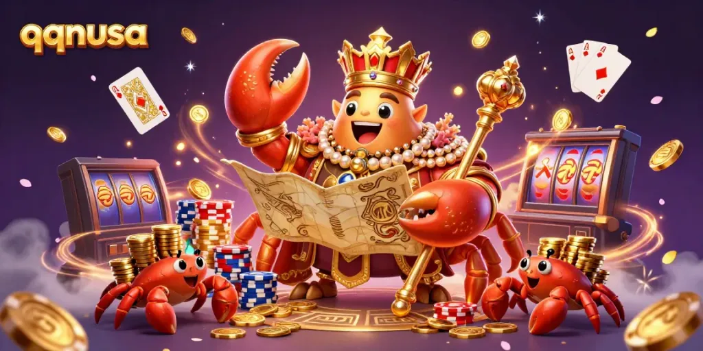 Experience thrilling gameplay with qqnusa's royal crab emperor and treasure map, amidst cascading coins and vibrant gaming elements.
