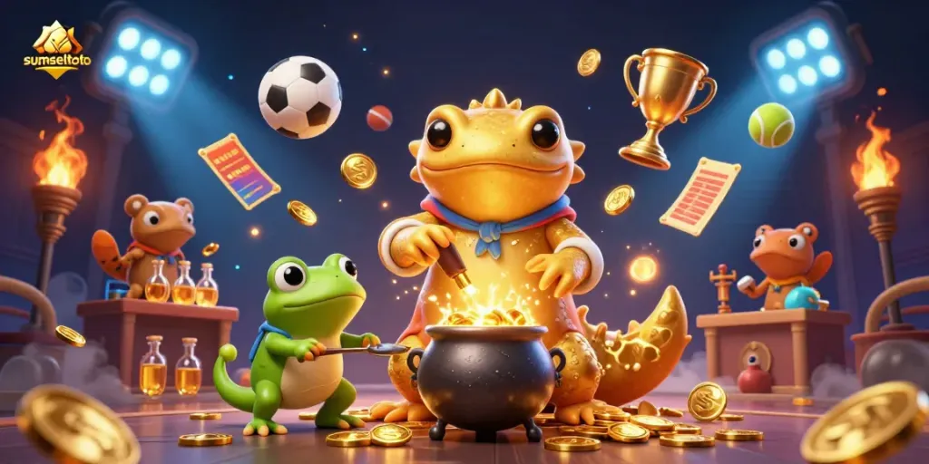 Sumseltoto's exclusive VIP gaming features showcased in an alchemical casino scene with vibrant sports elements.