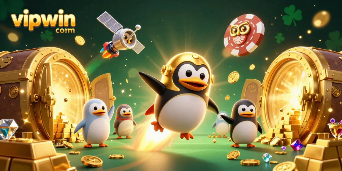 Experience winning thrills at vipwin com with a golden penguin and casino treasures in space.