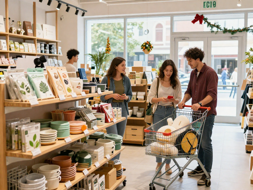 Explore sustainable products at https://www.ebbfilter.com/shop in a vibrant retail environment.