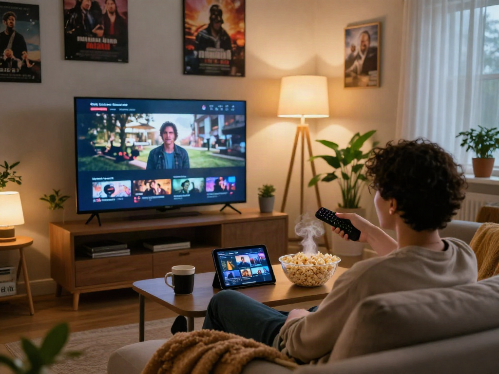 Enjoying the Moviebox apk experience while streaming on the couch.