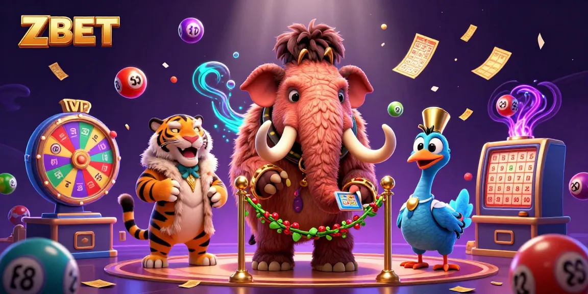 ZBET showcases an exciting 3D scene with a woolly mammoth bouncer and vibrant lottery elements.
