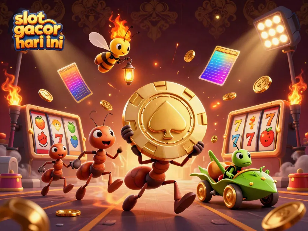 Engaging scene of slot gacor hari ini with cartoon ants carrying a huge poker chip amidst dynamic slot reels.