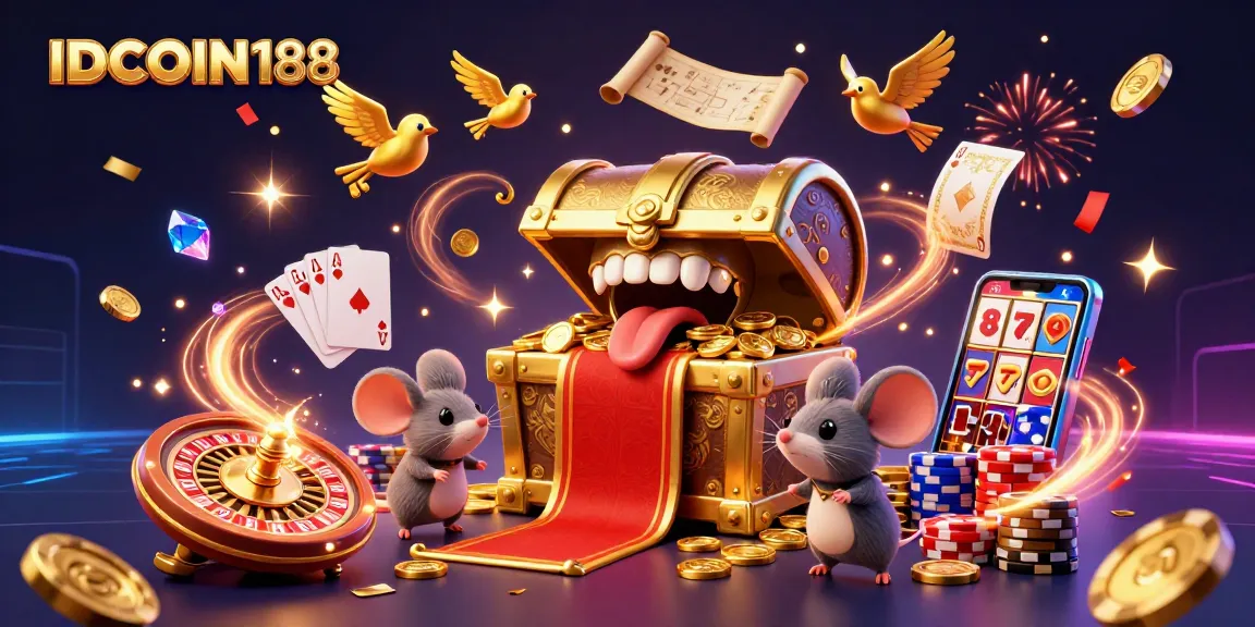 Experience the excitement of IDCOIN188 with golden treasures, sparkling gems, and lavish casino elements.
