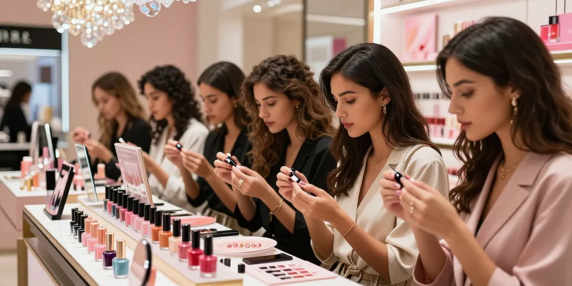Ulasan LUXURY12 produk kecantikan dan aksesoris kuku di butik mewah yang elegan.