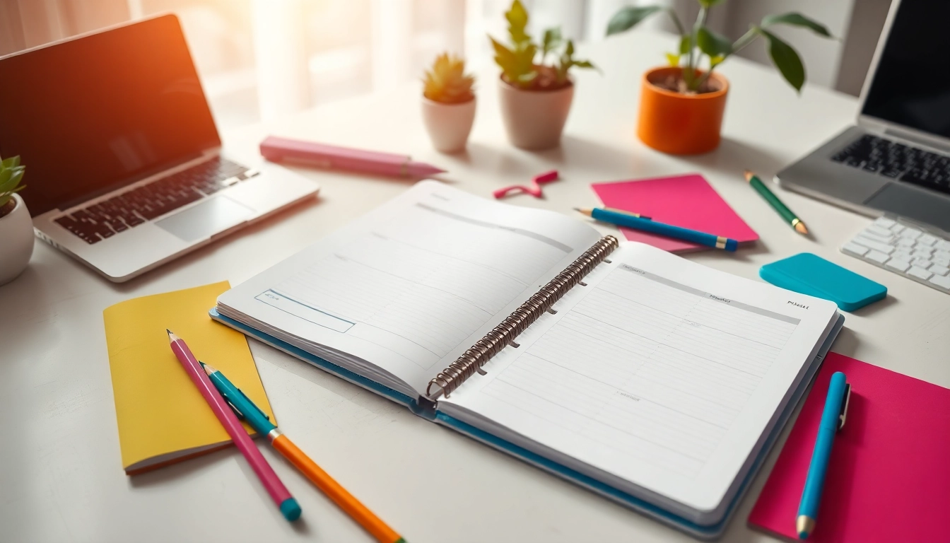 Get Your Free Planner Preview with an organized workspace featuring a vibrant digital planner and colorful stationery.