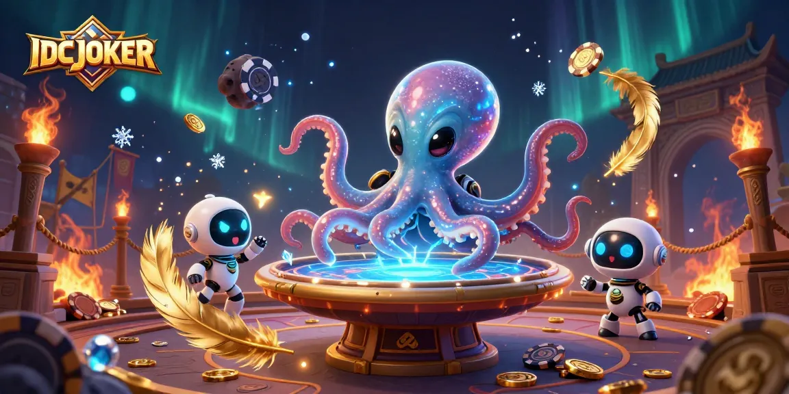 IDCJOKER showcases an alien octopus at a holographic poker table, surrounded by exciting casino elements.