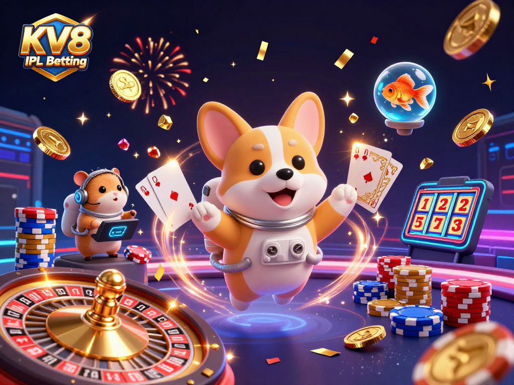 Experience the thrill of KV8 IPL Betting with floating characters and dynamic casino elements in an immersive 3D scene.