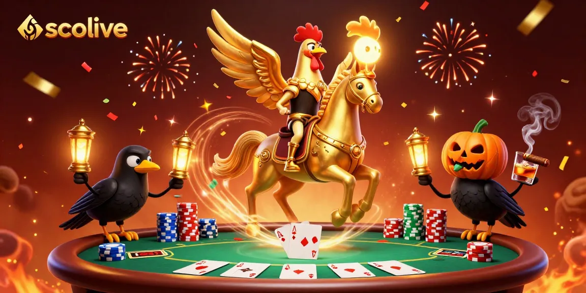 Socolive showcases a dynamic casino scene with a golden rooster, poker elements, and festive effects for gamblers.