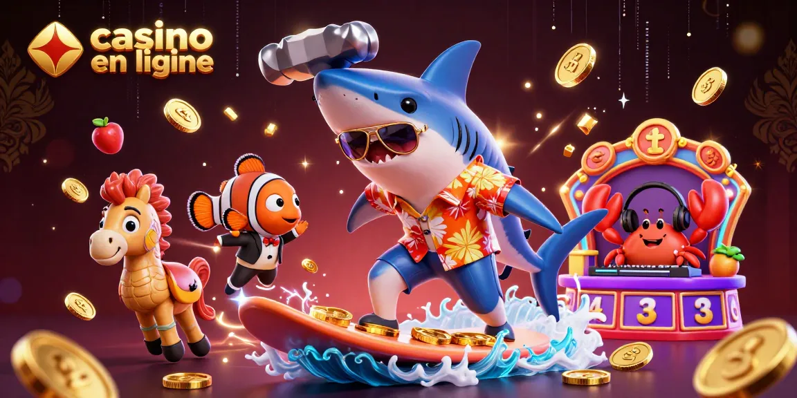 Jouez au casino en ligne avec un requin marteau surfant sur des pièces d'or, entouré d'éléments de jeux.