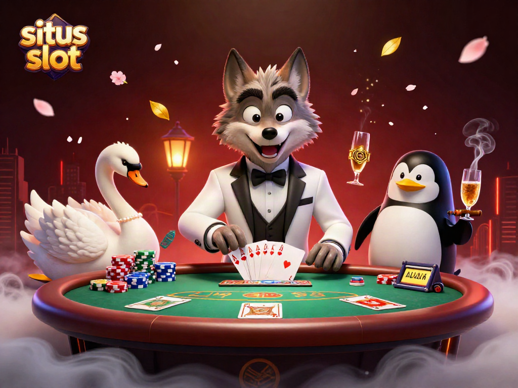 Engage in the fun of situs slot with a playful 3D scene of a wolf, swan, and penguin at a baccarat table.