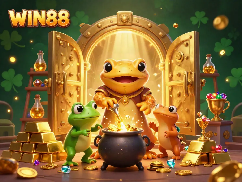 Experience the world of WIN88 with enchanting characters alchemizing gold in a vibrant casino setting.
