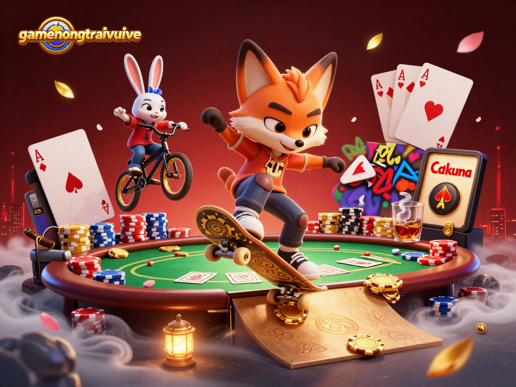 Experience excitement with gamenongtraivuive, as a cartoon fox performs tricks in a vibrant casino setting.