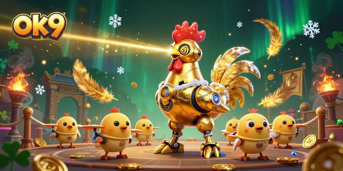 Experience thrilling betting with ok9 in this vibrant 3D illustration featuring a golden rooster robot.