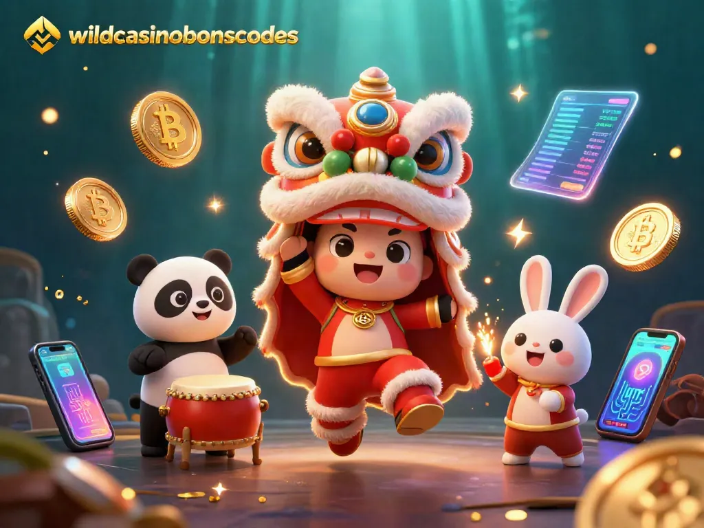 Experience wildcasinobonuscodes through a vibrant 3D scene featuring crypto elements and festive characters.