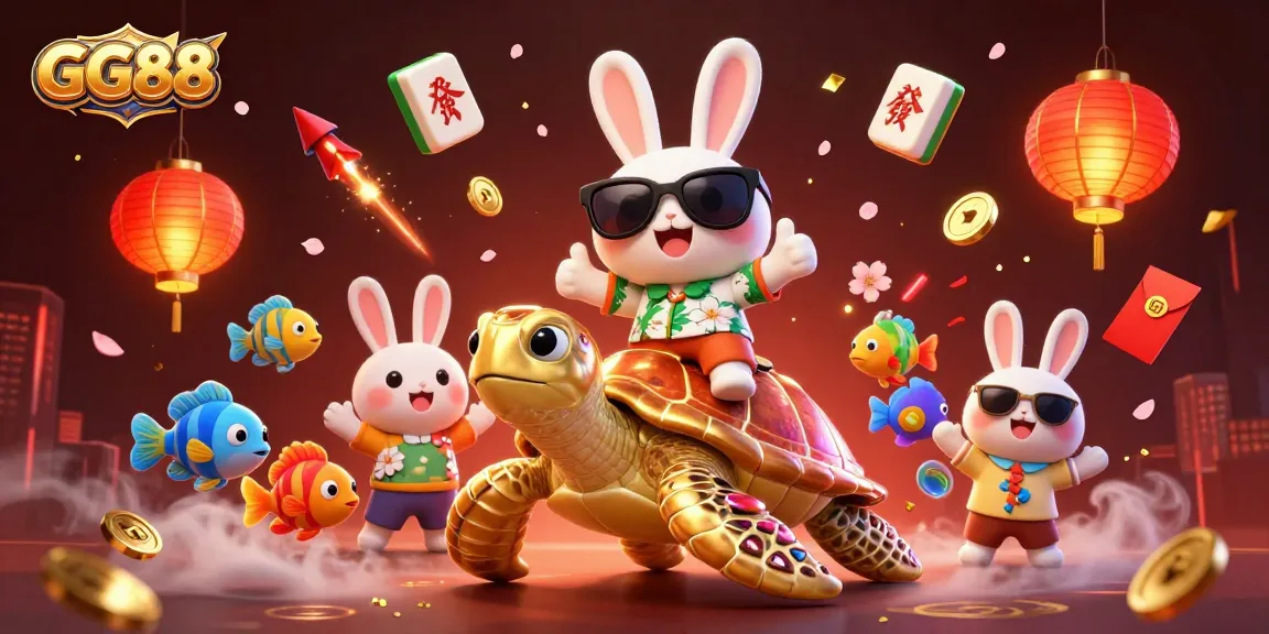 Engage with GG88's vibrant casino scene featuring a lucky rabbit and golden sea turtle.