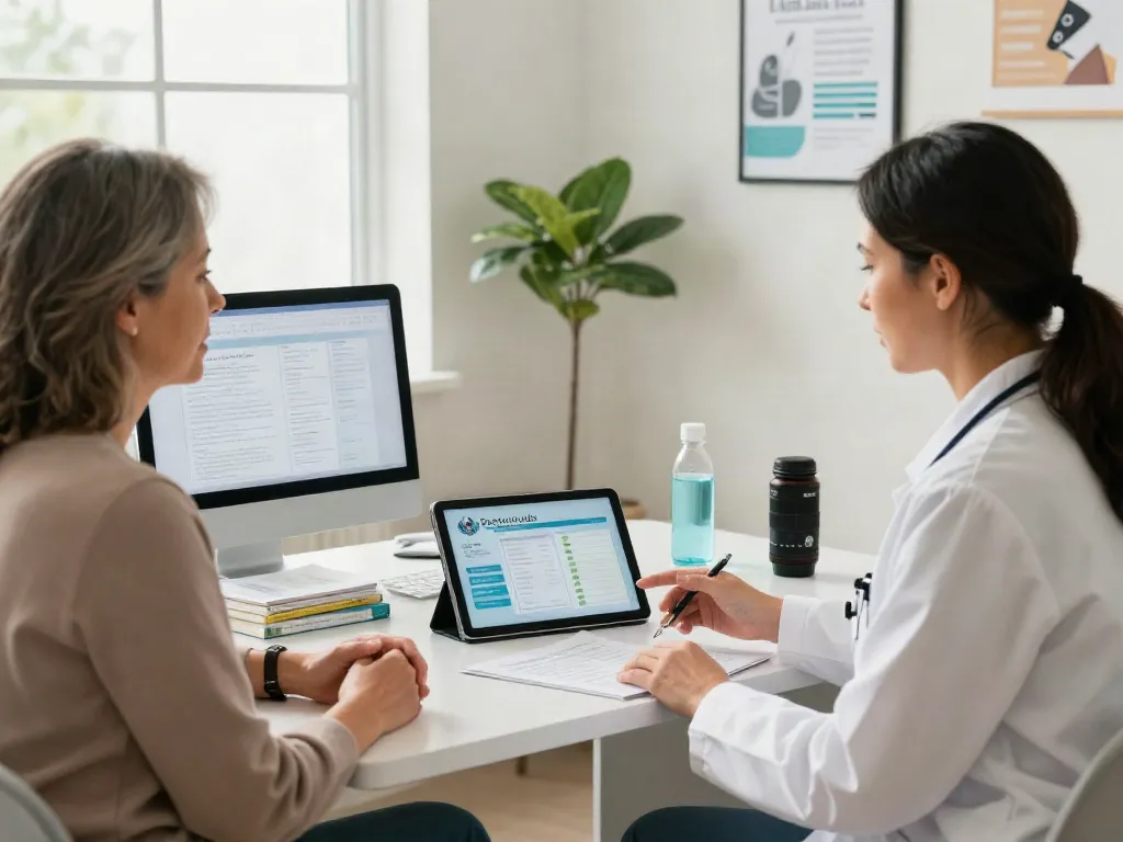 Patient discussing Retatutude Canada with healthcare professional in a modern clinic.