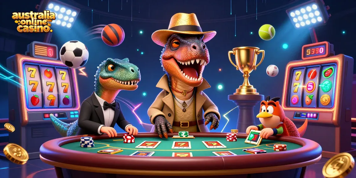Exciting action at a vibrant australia online casino with clever characters and dynamic elements.