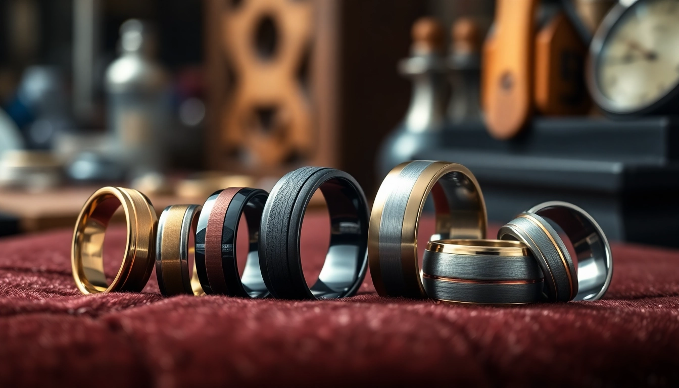 Showcase of tungsten metal rings highlighting various finishes and styles against a plush background.