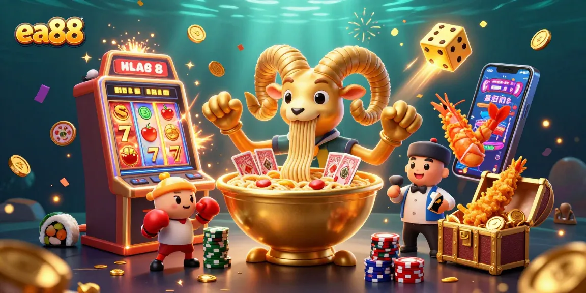 ea88 engages players with vibrant 3D casino illustration featuring slots and playful characters.