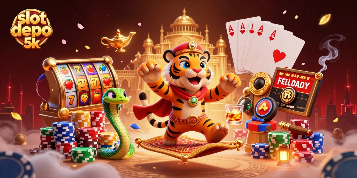 Taruhan progresif slot depo 5k menampilkan simbol keberuntungan dan jackpot yang menggiurkan.