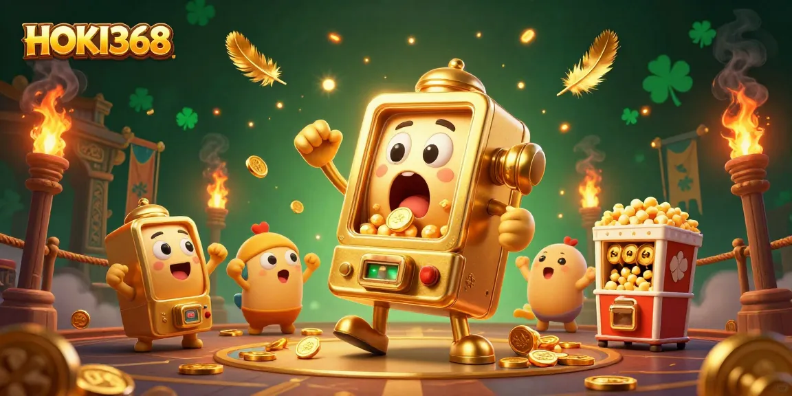 HOKI368 slot machine celebrating a jackpot with coins pouring, in a vibrant casino-themed scene.