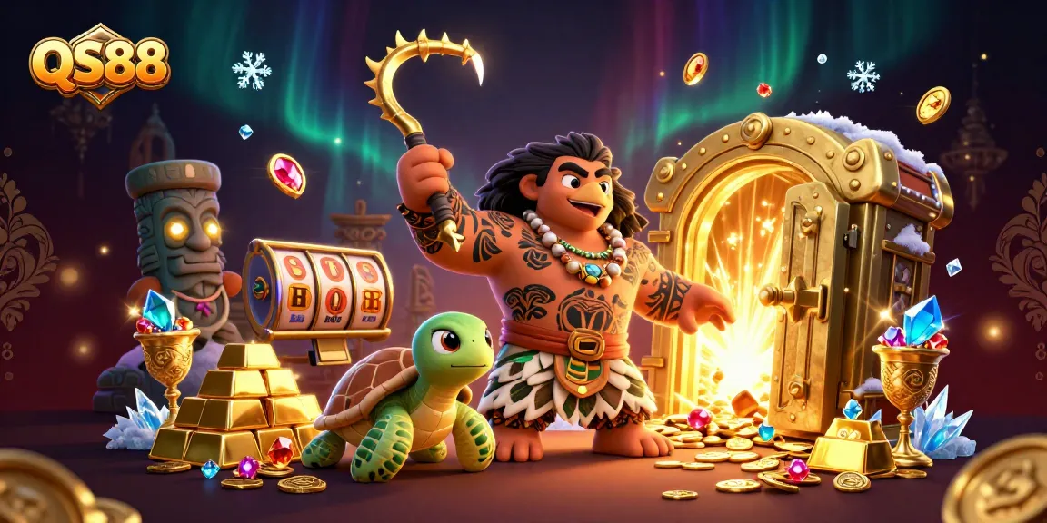 Experience the excitement at QS88 with a vibrant casino illustration showcasing dynamic slot elements and captivating characters.