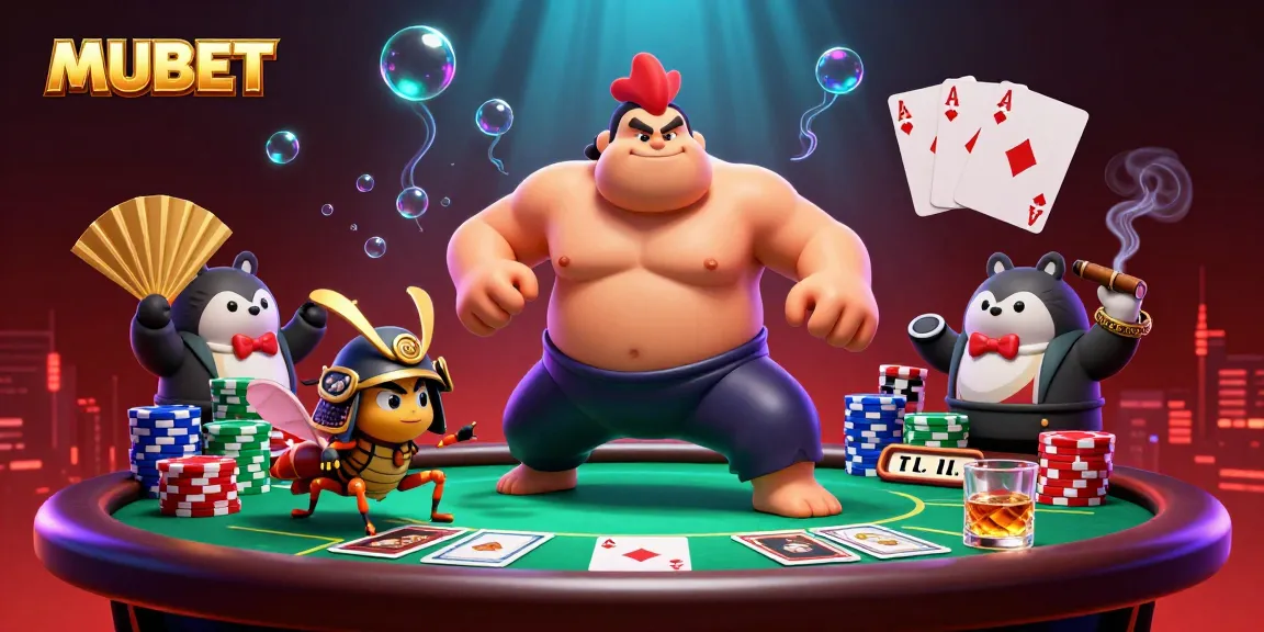 MUBET showcases a powerful sumo rooster and fierce cricket in an energetic poker scene with vibrant details.