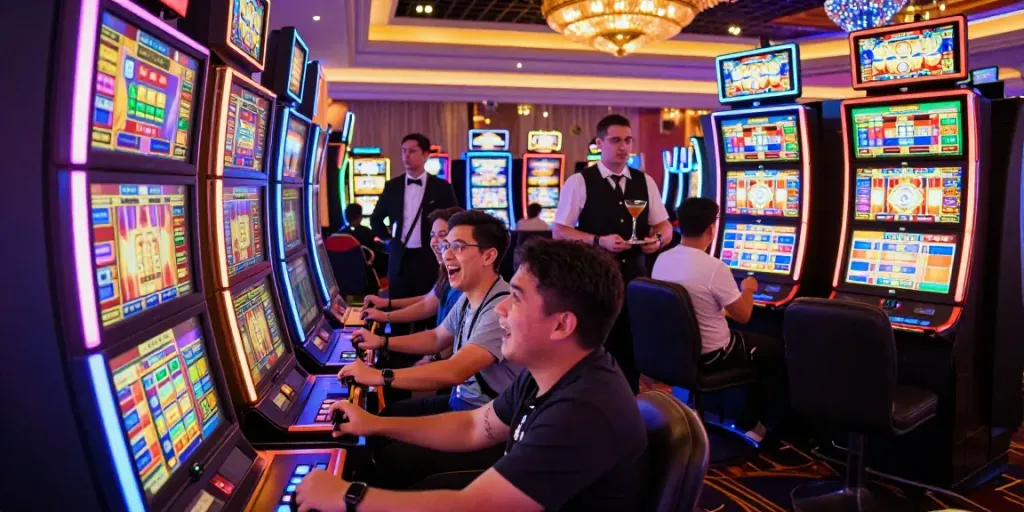 Excited players enjoying slot88 machines in a lively casino atmosphere.