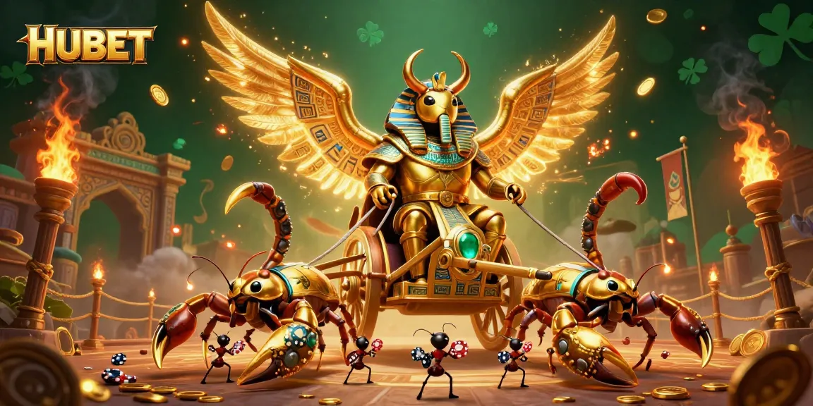 Experience the thrilling HUBET casino with a golden scarab riding scorpions in a vibrant gambling arena.