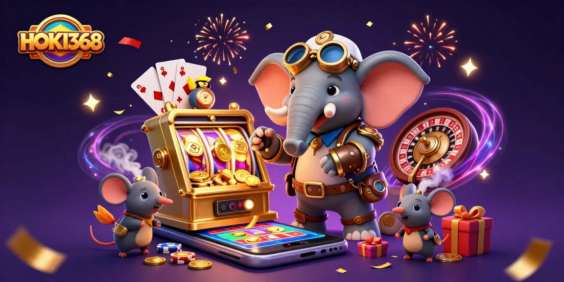 Experience HOKI368 with a 3D cartoon elephant engineer playing a golden slot machine amidst casino elements.