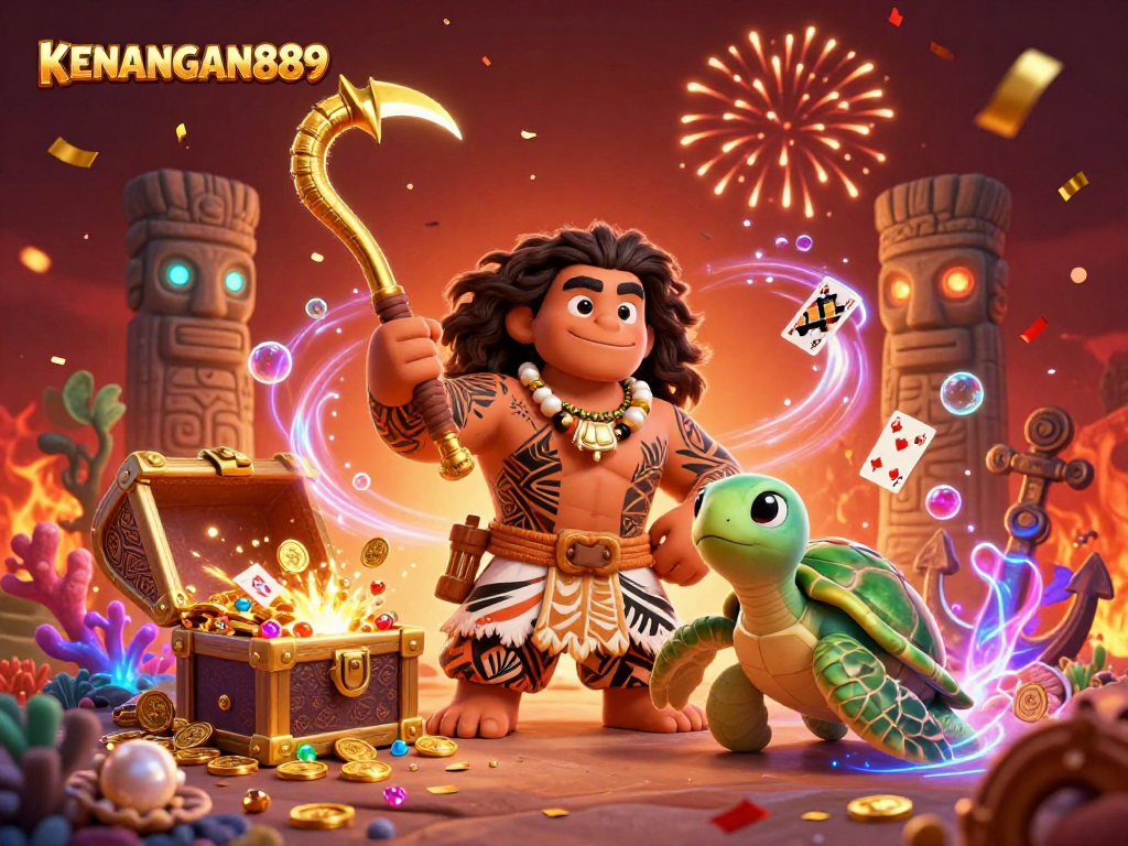 Engage and win with KENANGAN889 in this vibrant 3D illustration showcasing a dynamic casino scene.