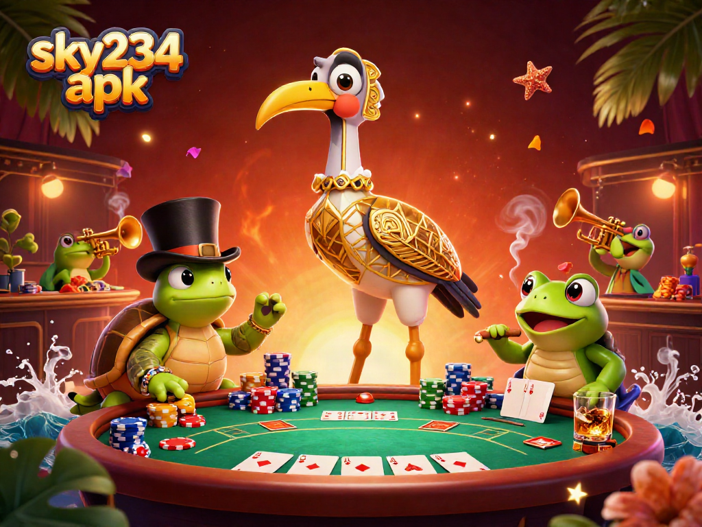 Engage with the vibrant atmosphere of sky234 apk where a poker champion turtle, flapper crane, and trumpet frog create a lively gambling scene.