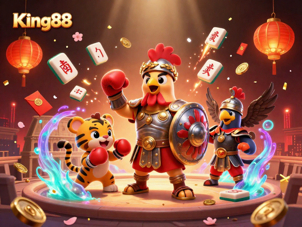 Experience thrilling gameplay at King88 with a vivid 3D illustration of cartoon gladiator characters and casino elements.