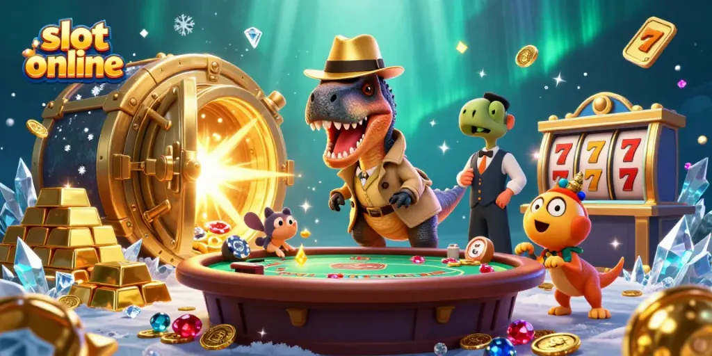 Spin and win at slot online with a velociraptor and friends at a blackjack table!