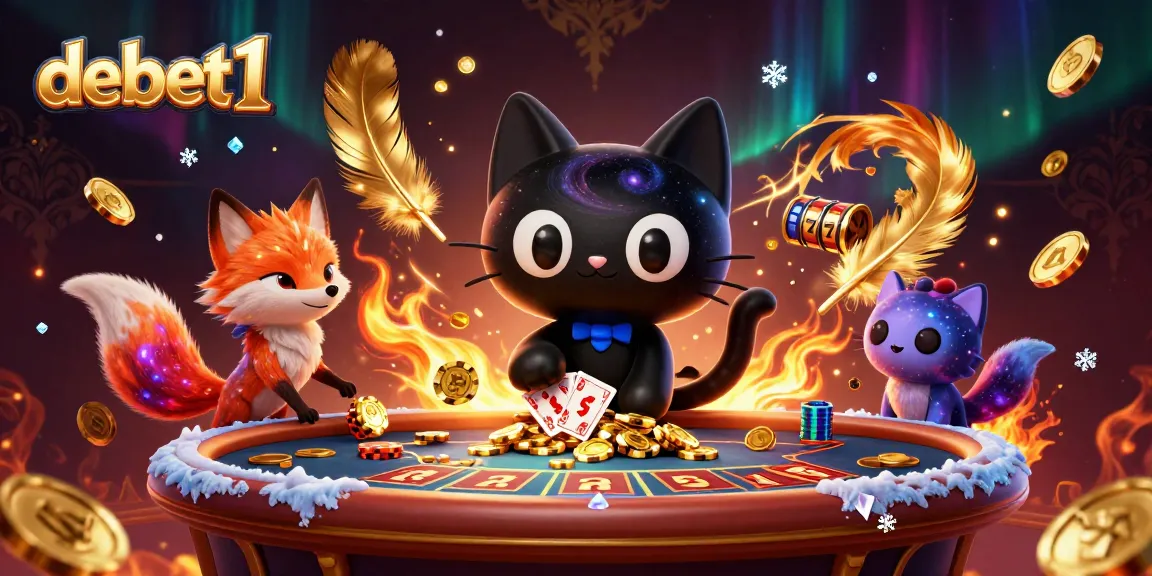 Engage with debet1's cosmic casino adventure featuring a black hole cat gathering chips.