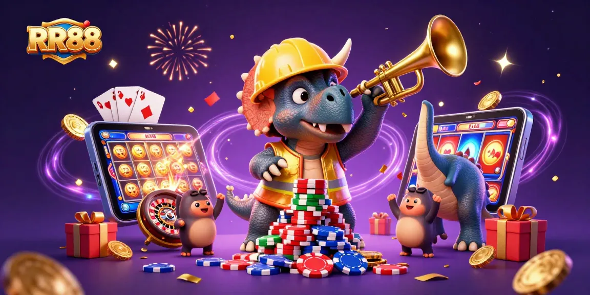 Experience the excitement of RR88 Casino with a vibrant and dynamic gaming scene featuring triceratops and celebration elements.
