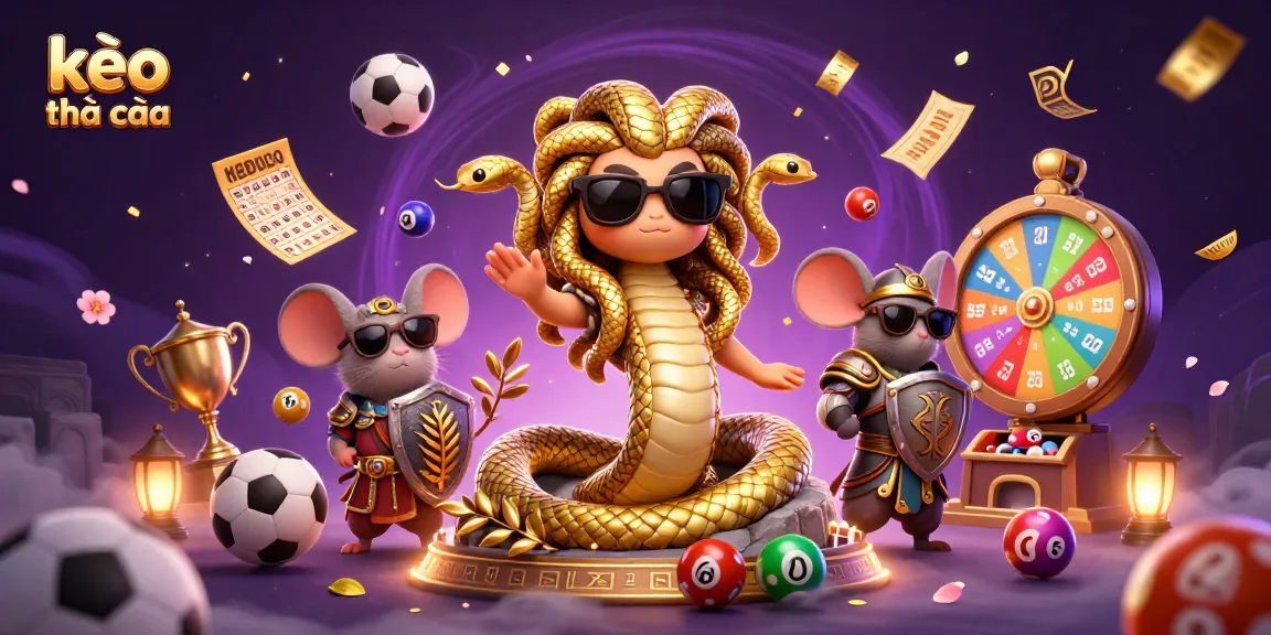 Kèo nhà cái offers exciting sports betting opportunities with vibrant sports balls, trophies, and dynamic visuals.