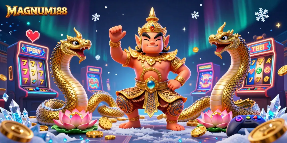 Experience the excitement of MAGNUM188 with vibrant casino-themed 3D illustration of a Thai guardian and gaming elements.